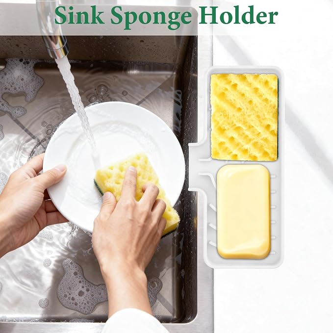 GUUKIN Sponge Holder for Kitchen Sink, 10x4 inch Silicone Dish Drying Mat, Compatible with Scrub Daddy, Kitchen Sink Accessories, Suitable for Kitchens & Bathrooms (White)