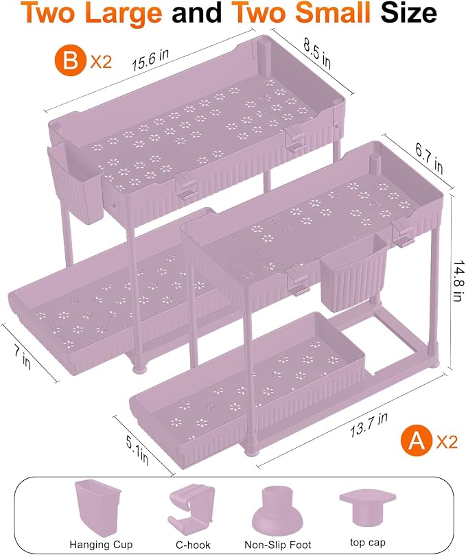 Sevenblue 4-Pack 2-Tier Under Sink Organizer with Pull Out Drawers | Multi-use kitchen & bathroom storage. Includes hanging hooks and cups. Pink, space-saving cabinet design. 14.8 Inch
