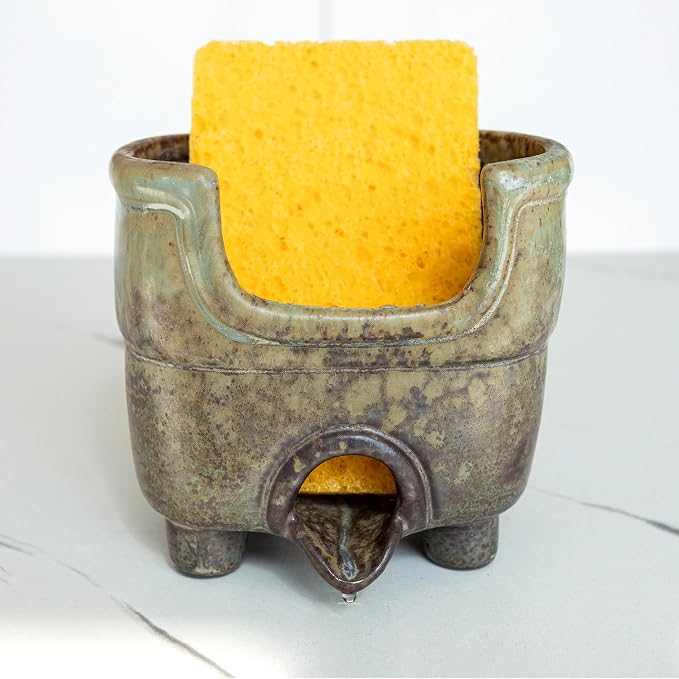 Ceramic Sponge Holder with Drainage, Rustic Farmhouse Sink Caddy Organizer, Self Draining Sponge Dish for Scrubbers, Soap & Brushes, Compact Kitchen Accessory, Keeps Counter Dry (Avocado)