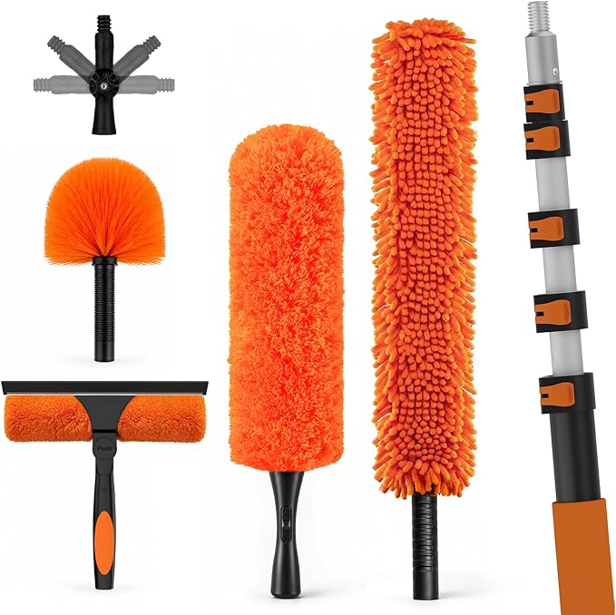 LAANPOLE 36FT High Reach Duster Cleaning Kit with Extension Pole, High Ceiling Fan Cleaner Duster Tool for Fan Blades, Window Washing Kit with Microfiber Feather Duster & Window Squeegee