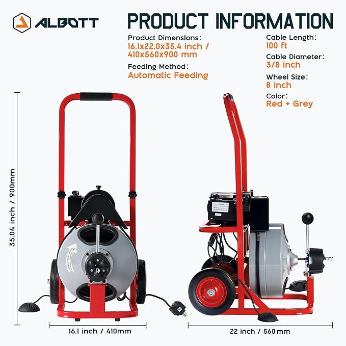 Albott 100 FT x 3/8 inch Electric Drain Cleaner Machine with Auto-Feed & 10 Cutters, Sewer Snake Auger for 1–4 Inch Pipes, Wheels & Foot Switch, Ideal for Home & Commercial Use, Gray/Red