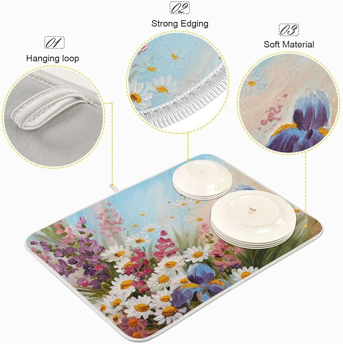 Absorbent Dish Drying Mat for Kitchen Counter - Cute Sunflowers Oil Painting Microfiber Drying Pad, Reversible Drainer Mats for Countertop, Small 16 x 18 inch