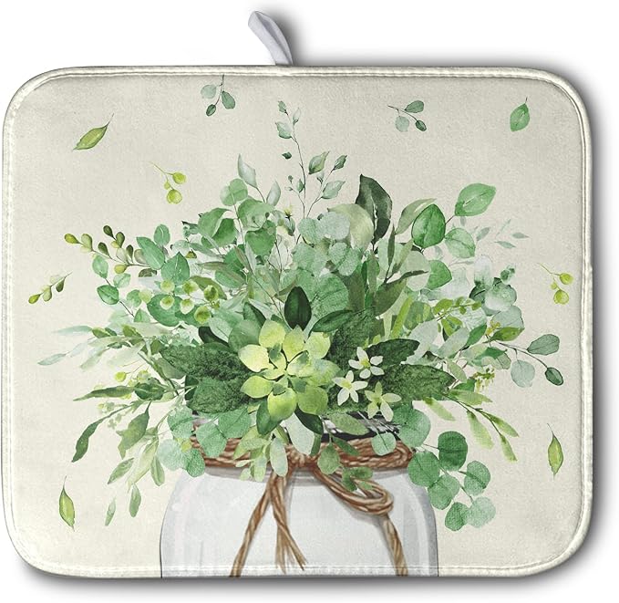 Spring Sage Green Leaves Dish Drying Mat for Kitchen Counter Eucalyptus Leaf Floral Mason Jar Dishes Drainer Mats Absorbent Microfiber Dish Draining Mat Reversible Dish Pad 16x18 Inch