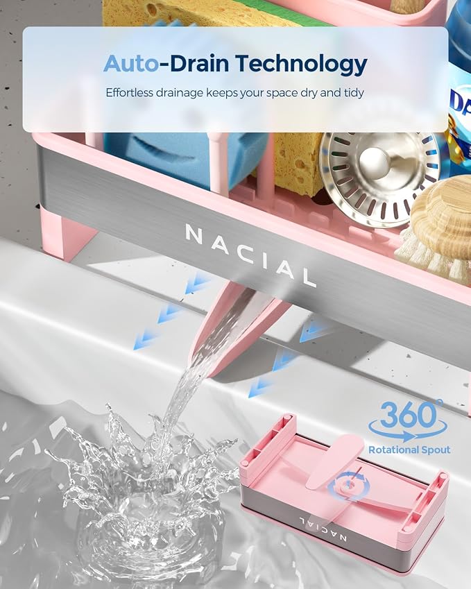 Nacial Sponge Holder for Kitchen Sink, Sink Caddy Organizer with High Brush Holder & Two Towel Racks - Rustproof 304 Stainless Steel Kitchen Countertop Storage Essentials - Pink