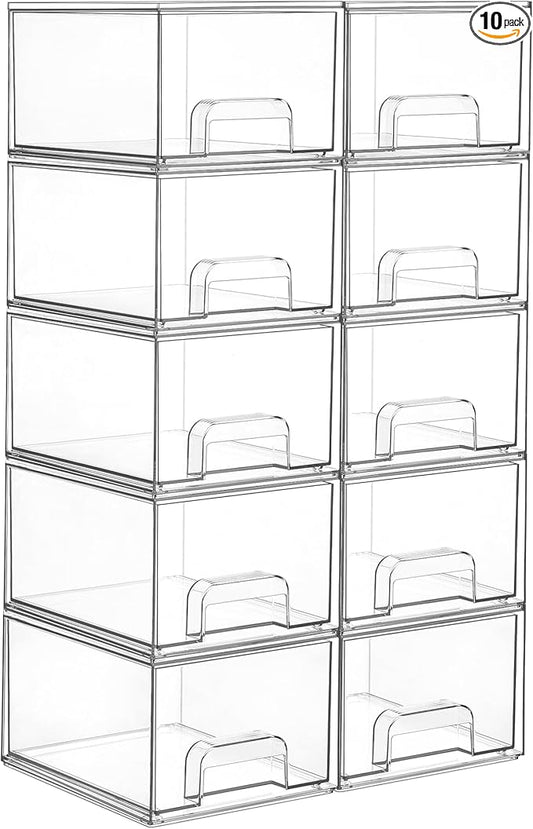 Vtopmart 10 Pack Small Clear Stackable Storage Drawers, Acrylic Bathroom Makeup Organizer, Plastic Storage Bins For Vanity, Undersink, Kitchen Cabinets, Pantry, Home Organization