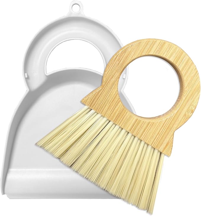 Mini Broom and Dustpan Set Bamboo Broom with Dustpan Combo Set Portable Hand Sweeper for Office Kitchen Dorm Home Quick Cleanups (White)