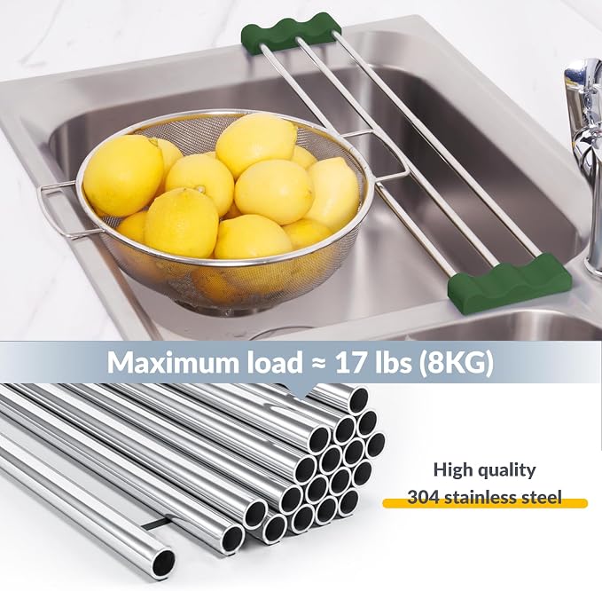 Tomorotec Adjustable Over-The-Sink Kitchen Rack for Dishcloths, Sponges, and Brushes - Heat-Resistant Stainless Steel with Slim, Expandable Design and Multifunctional Silicone Holder (Army Green)