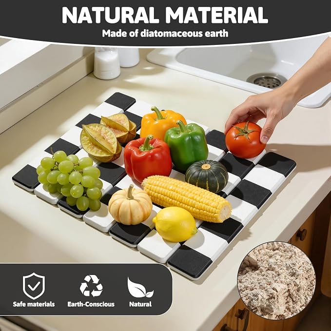 Yamaziot Stone Drying Mat for Kitchen Counter, 16"x12" Small Foldable Ultra Absorbent Stone Drying Mat, Quick-Dry Diatomaceous Earth Mat, Non-Slip Heat Resistant Mat for Dishes, Cups, Bottles, Black