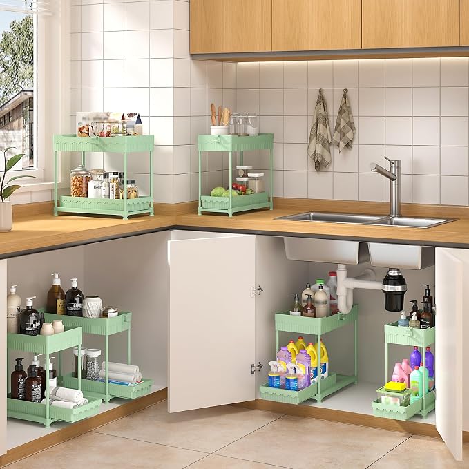 Sevenblue 3 Pack Under Sink Organizers, 2-Tier Multi-Use Kitchen and Bathroom Organizers and Storage with Sliding Drawers, Bathroom Cabinet Organizer (Green, 14.8 Inch)