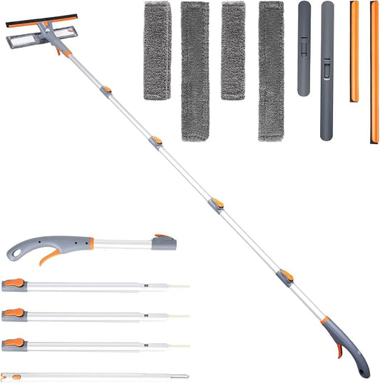 Eazer 76" Spray Window Squeegee Kit with Extension Pole & Pads | 5-Section Pole with Microfiber & Chenille Pads – Streak-free for indoor, outdoor & car windows