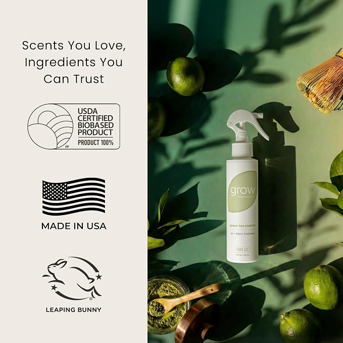 Grow Fragrance Fresh Clean 3-Pack – Non Toxic Air Freshener Spray – Green Tea Matcha, Hibiscus Tea & Wildflower Rain – 100% Plant-Based Essential Oils – Safe for Home, Car & Linens – 5 oz Each