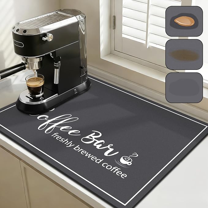 Findosom Dish Drying Mat, 18" x 24" Super Absorbent & Hide Stain Coffee Mat, Cuttable Drying Mat for Kitchen Counter, Coffee Bar Accessories, Under Dish Rack, Coffee Maker, Espresso Machine, DarkGrey
