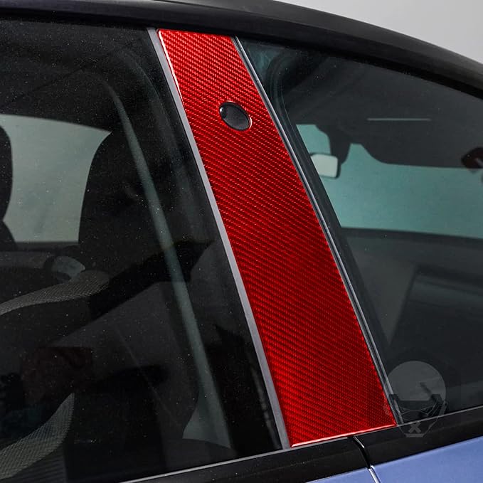 Red Real Carbon Fiber Trim for Tesla Accessories | for Model 3 2017-2022 / Model Y 2020-2024 Door Window B Pillars Sticker Exterior Thick Overlay Decal