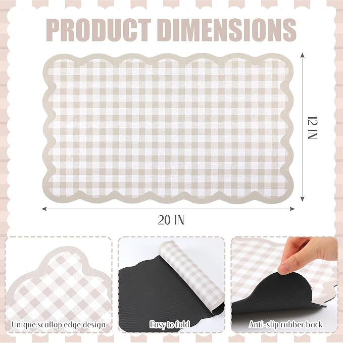 Scalloped Gingham Coffee Mat 12" x 20" Absorbent Coffee Bar Mat Gingham Espresso Matt for Counter(Brown)