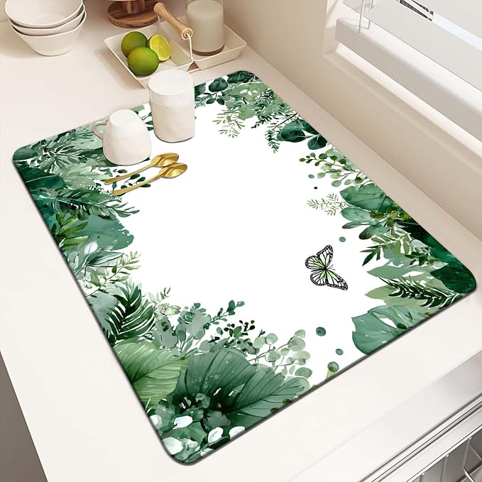 MCALK Green Leaves Dish Drying Mat for Kitchen Counter, Coffee Bar Station Accessories with Anti-Slip Rubber Base, Absorbent Kitchen Sink Mat with Modern Art Decor (1 pc 18" x 16")