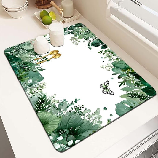 MCALK Green Leaves Dish Drying Mat for Kitchen Counter, Coffee Bar Station Accessories with Anti-Slip Rubber Base, Absorbent Kitchen Sink Mat with Modern Art Decor (1 pc 18" x 16")