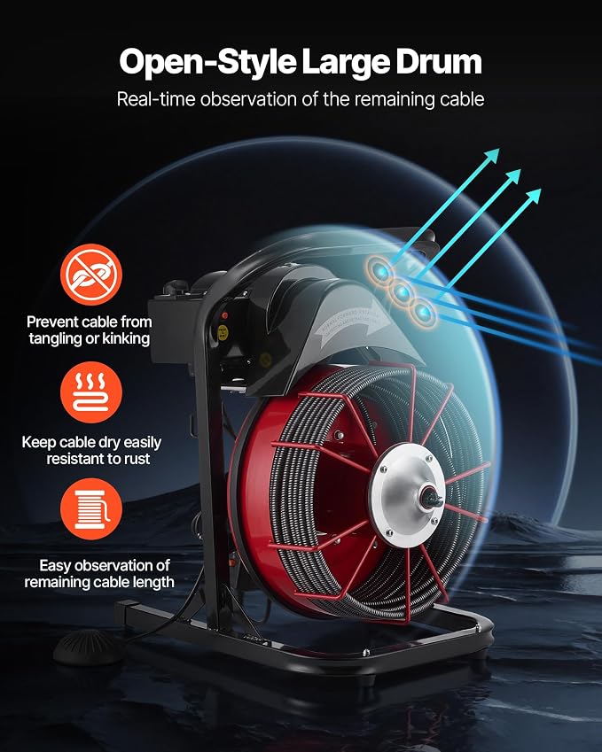 VEVOR Drain Cleaner Machine 75 FT x 3/8 Inch, Sewer Snake Auger Manual Feed with 4 Cutters & Air-activated Foot Switch for 2" to 4" Pipes