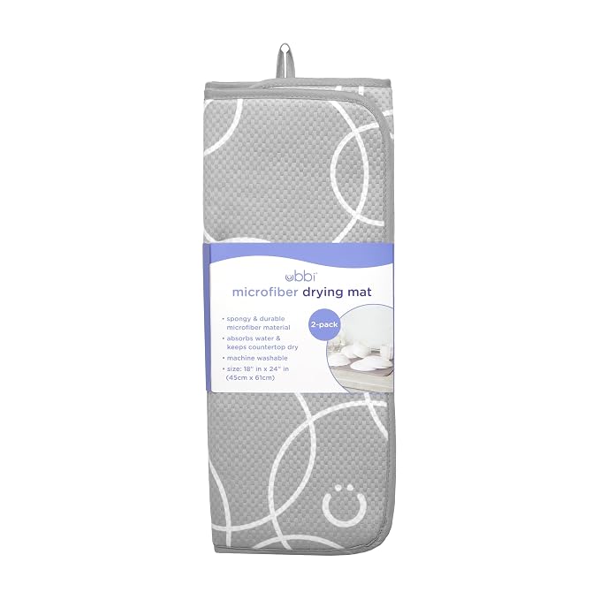 Ubbi Microfiber Dish Drying Mat, Gray 2-Pack | Baby Bottle Drying Mat, Kitchen Counter Dish Mat for Drying Utensils