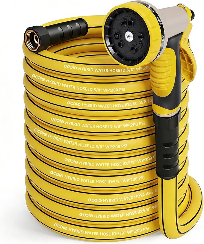 Garden Hose 100 ft x 5/8" with Nozzle, Water Hose Heavy Duty Flexible, Lightweight Kink-less Hybrid Hose with Swivel Handle, Male to Female Fittings