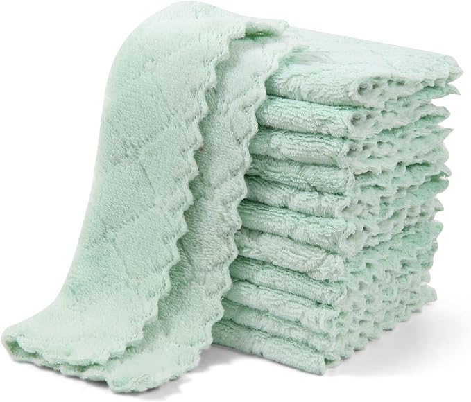 UMANI 12 Pack Kitchen Dish Cloths, Ultra Soft Absorbent Quick Drying Dish Towels, Nonstick Oil Microfiber Cleaning Cloth, Machine Washable Coral Fleece Cleaning Rags (Green)