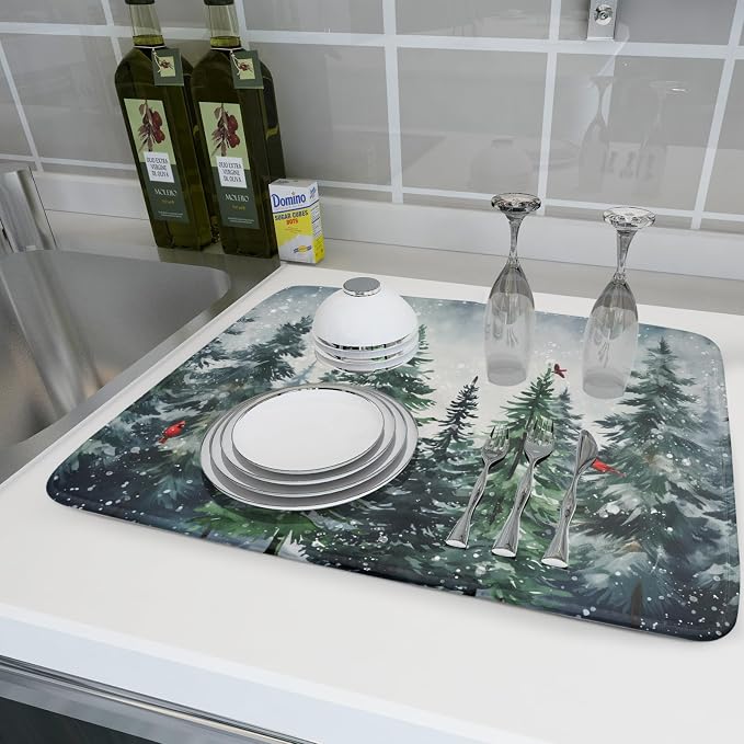 Winter Dish Drying Mat for Kitchen Counter Winter Pine Tree Dish Drying Mat 18x24 Inch Red Bird Christmas Dish Draining Mat Absorbent Reversible Dish Pad Kitchen Accessories Table Protector