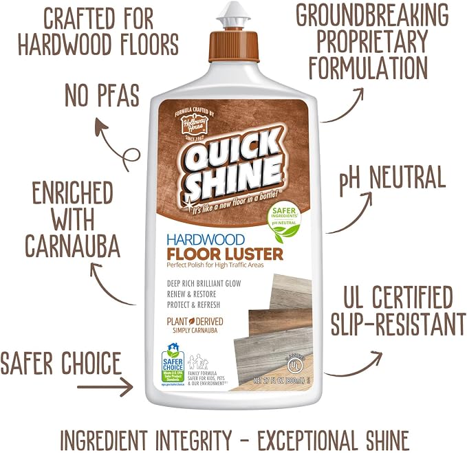 Quick Shine Hardwood Floor Luster 27 oz-6 Pk, Natural Looking Shine | Plant Derived Carnauba Polish, Renew & Protect, Streak & Haze Free, Non-slip, pH Neutral, No PFAS, EPA Safer Choice