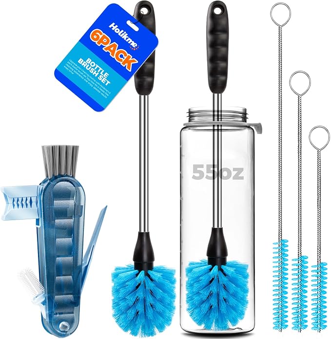 Holikme 6 Pack Brush Set, 14" Long Handle Stainless Steel Cleaner, 3 Straw Brushes, 4-in-1 Cleaning Brush for Water and Baby Bottles Straws, Aqua