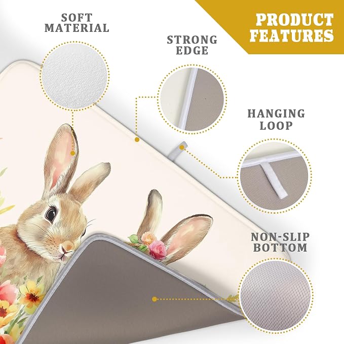 Easter Bunny Dish Drying Mat 18x24 inch Spring Floral Drying Pad Holiday Absorbent Microfiber Dishes Drainer Protector for Kitchen Counter