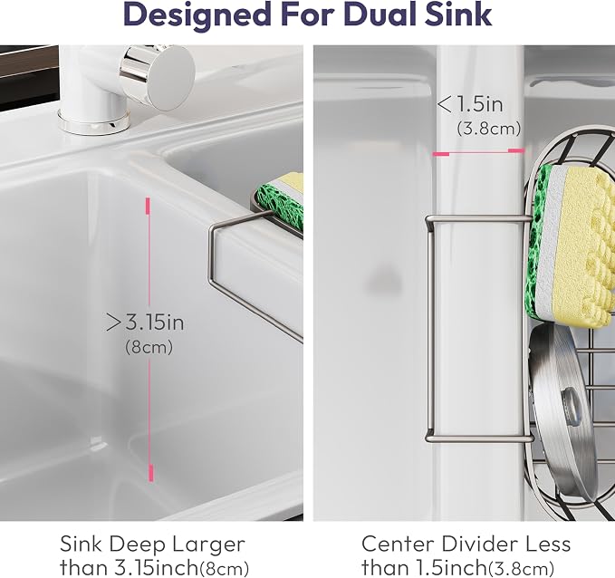 SWTYMIKI Sponge Holder for Kitchen Sink - Movable Sink Caddy with Smiley Face Sponge Holder, Rustproof Hanging Sponge Organizer in Double Bowl Sinks Depth>3.15in, Middle Divider<1.5in, Sand Nickel