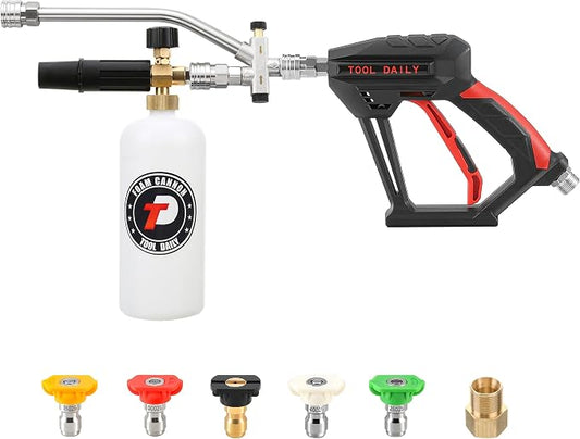 Tool Daily Short Pressure Washer Gun with Foam Cannon Dual Connector | 1/4 Inch Quick Connect, 5 Power Washer Spray Nozzle Tips, 1 Liter Soap Cannon