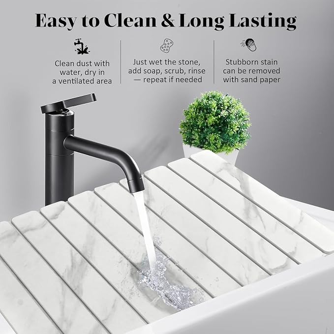 Large Stone Dish Drying Mats for Kitchen Counter, Quick Dry Dish Drying Mats, Foldable Absorbent Diatomaceous Earth Mats for Dishes Cups, Match Any Countertop (24"×16" & 8"x4" White Marble )