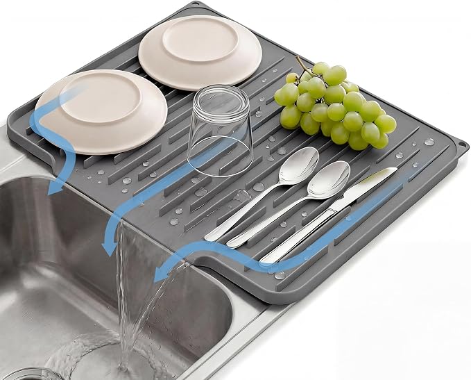 Foldable Silicone Dish Drying Mat for Kitchen Counter & Sink - Quick Dry, Space Saving, Non-Slip Pad for Small Apartments & Coffee Bar Dark Grey