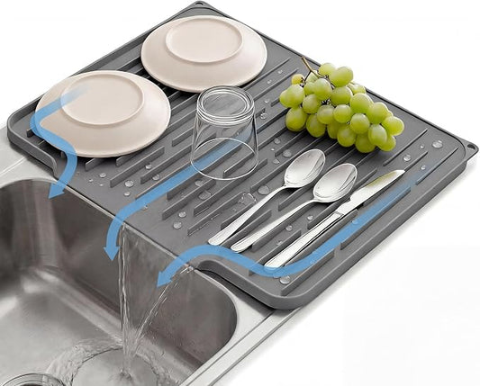 Foldable Silicone Dish Drying Mat for Kitchen Counter & Sink - Quick Dry, Space Saving, Non-Slip Pad for Small Apartments & Coffee Bar Dark Grey