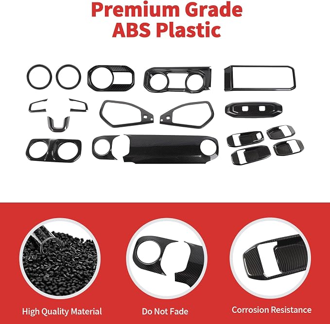 21PCS Full Set Interior Trim Kit for 2024-2026+ Jeep Wrangler JL JLU & Jeep Gladiator JT, Dashboard Side Outlet Door Handle Bowl Headlight Switch Roof Reading Light Cover (Black Carbon Fiber)