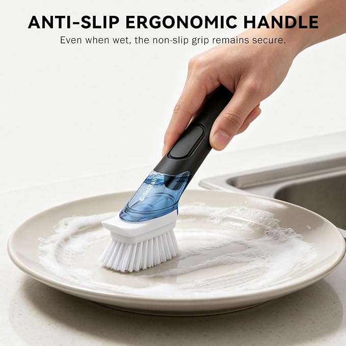 SetSail Dish Brush with Soap Dispenser, Stiff Bristles with Built-in Scraper Dish Scrubber with 3 Pack Replaceable Brush Head Dish Scrub Brush with Non-Slip Handle for Kitchen Sink, Dishes, Pans, Pot
