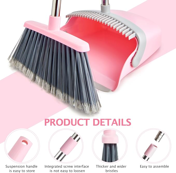 2-Pack Broom and Dustpan Combo Set,51" Long Handle,Grey Pink | Standing Dustpan, Heavy Dust,House Accessories for Home, Kitchen, Office, Pet Hair