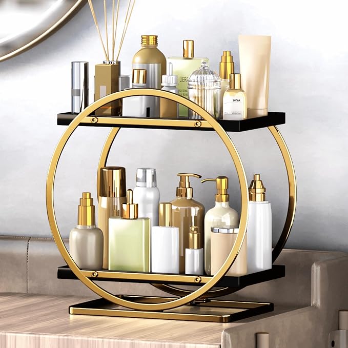Makeup Organizer for Vanity, Black Gold Perfume Organizer for Dresser, 2-Tier Bathroom Countertop Organizers, Bathroom Counter Shelf Skincare Holder Perfume Tray Cosmetic Display