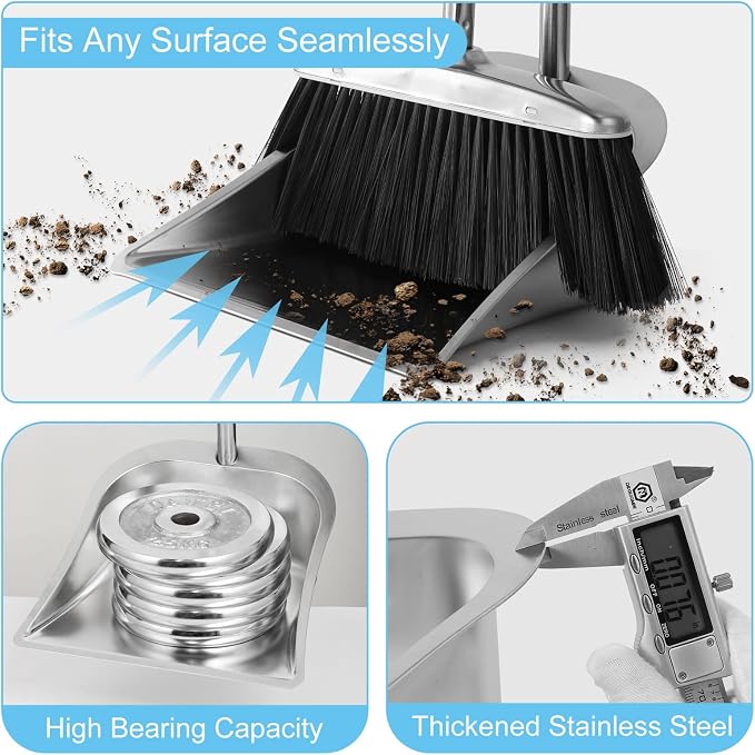VOOWO Heavy Duty Broom and Dust pan Set, Stainless Steel Broom and Dustpan Set with Long Handle, Broom with Dustpan Set for Home Standing Dust Pan Indoor Outdoor Brooms Dustpan