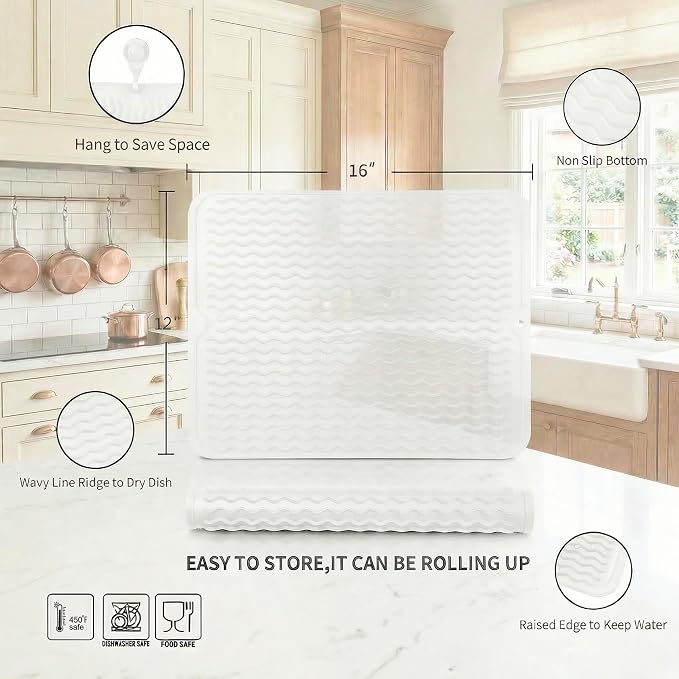 MicoYang Silicone Dish Drying Mat — Quick-Dry Ridges Counter & Sink Pad, Heat-Resistant Trivet to 450°F, Non-Slip & Dishwasher Safe, Roll-Up Storage, 18 Colors & 9 Sizes (Translucent, 16"×12")
