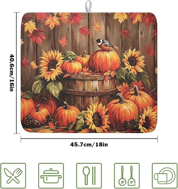 Fall Pumpkin Dish Drying Mat for Kitchen Counter Thanksgiving Autumn Harvest Pumpkin Microfiber Dish Drainer Mat Rustic Farmhouse Absorbent Washable Drying Pad 16"x18"