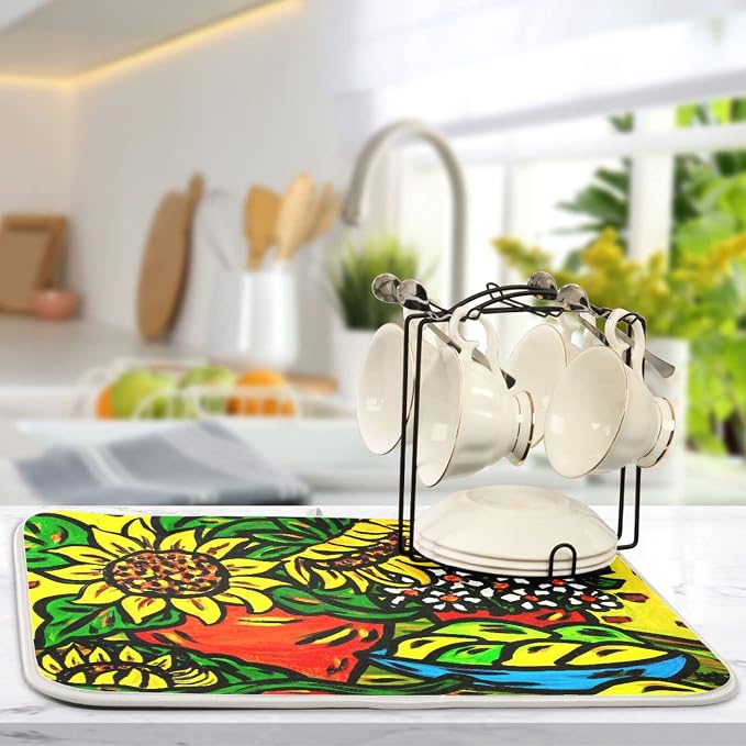 Absorbent Dish Drying Mat for Kitchen Counter - Sunflower Yellow Cute Microfiber Drying Pad, Reversible Drainer Mats for Countertop, Large 18" x 24"