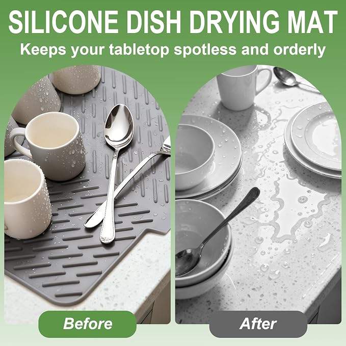 Silicone Drying Mat, 23"X17" With Built-in Drain Lip,Heat-Resistant,Eco-friendly,Hygienic Drying Pad,Leak-Proof and Non-Slip,Silicone Dish Drying Mat for Kitchen Counter or Sink（Gray 23X17）