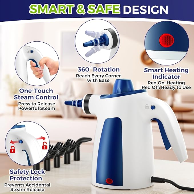 Handheld Steam Cleaner, 230°F Pressurized Steamer with No Water Spitting & Continuous Steam, 350ML Chemical-Free Deep Cleaning for Grease & Grime, 14 Accessories for Grout, Bathroom, Kitchen & Car