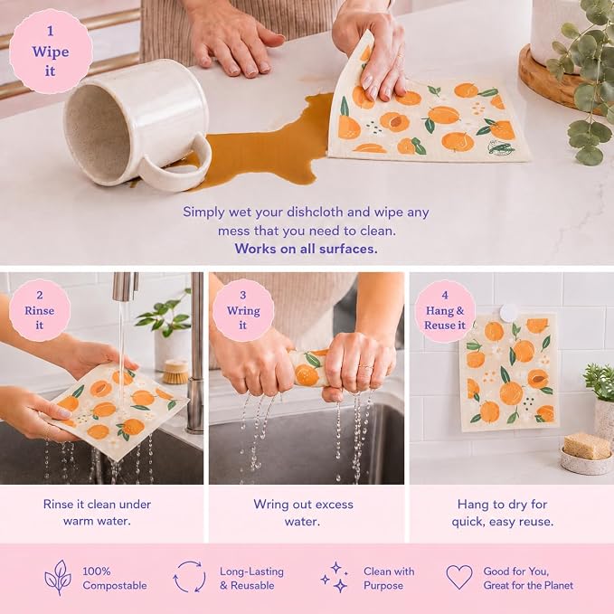 Harps&Seb Swedish Dishcloths for Kitchen Dishcloths - 6 Pack, Reusable Paper Towels with Clips, Super Absorbent Washable Non-Scratch Swedish Dish Towels, No Odor, Biodegradable