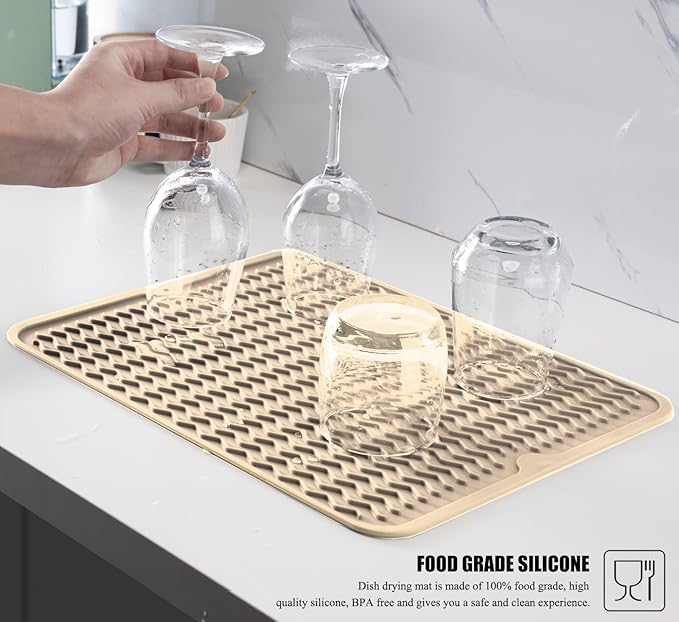 Large 17" x 14" Silicone Dish Drying Mat for Kitchen Counter, Easy clean, Quick Dry, Heat-resistant Dish Drainer Mat for Sink,Refrigerator or Drawer liner (Food Grade Silicone-Translucent)