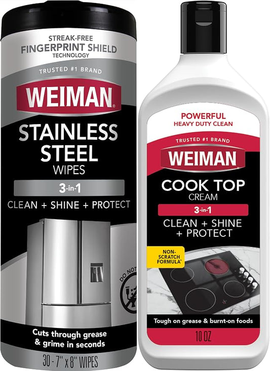 Weiman Heavy Duty Cooktop Polish & Stainless Steel Wipes - Powerful Appliance Kitchen Cleaning Kit - Packaging May Vary