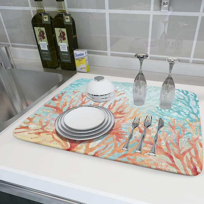 Giwawa Coastal Coral Dish Drying Mat Beach Ocean Drainer Rack Mat 18x24 Inch Microfiber Absorbent Reversible Dish Dry Pad for Kitchen Counter Sink