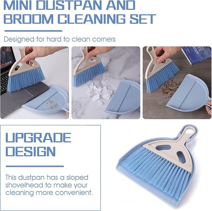 cobee Small Broom and Dustpan Cleaning Set, Mini Whisk Dustpan and Brush with Handle Portable Table Top Dust Pan Dining Table Crumb Sweeper Cleaning Tools with Soft Bristles for Housekeeping(Blue)