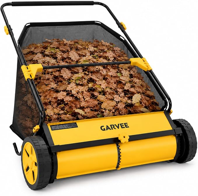 30 Inch Push Lawn Sweeper with Large 12 cu ft Mesh Collection Bag | Heavy Duty Steel Frame, 10" Rubber Wheels, 4 Spinning Brushes, Manual Height Adjustment for Leaves, Grass and Yard Debris