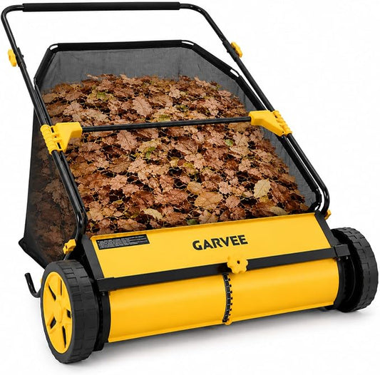 30 Inch Push Lawn Sweeper with Large 12 cu ft Mesh Collection Bag | Heavy Duty Steel Frame, 10" Rubber Wheels, 4 Spinning Brushes, Manual Height Adjustment for Leaves, Grass and Yard Debris